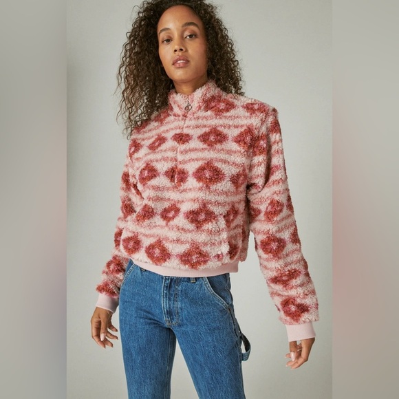 Lucky Brand Hi Pile Half Zip Pullover Pink Aztec Medium - Picture 1 of 8